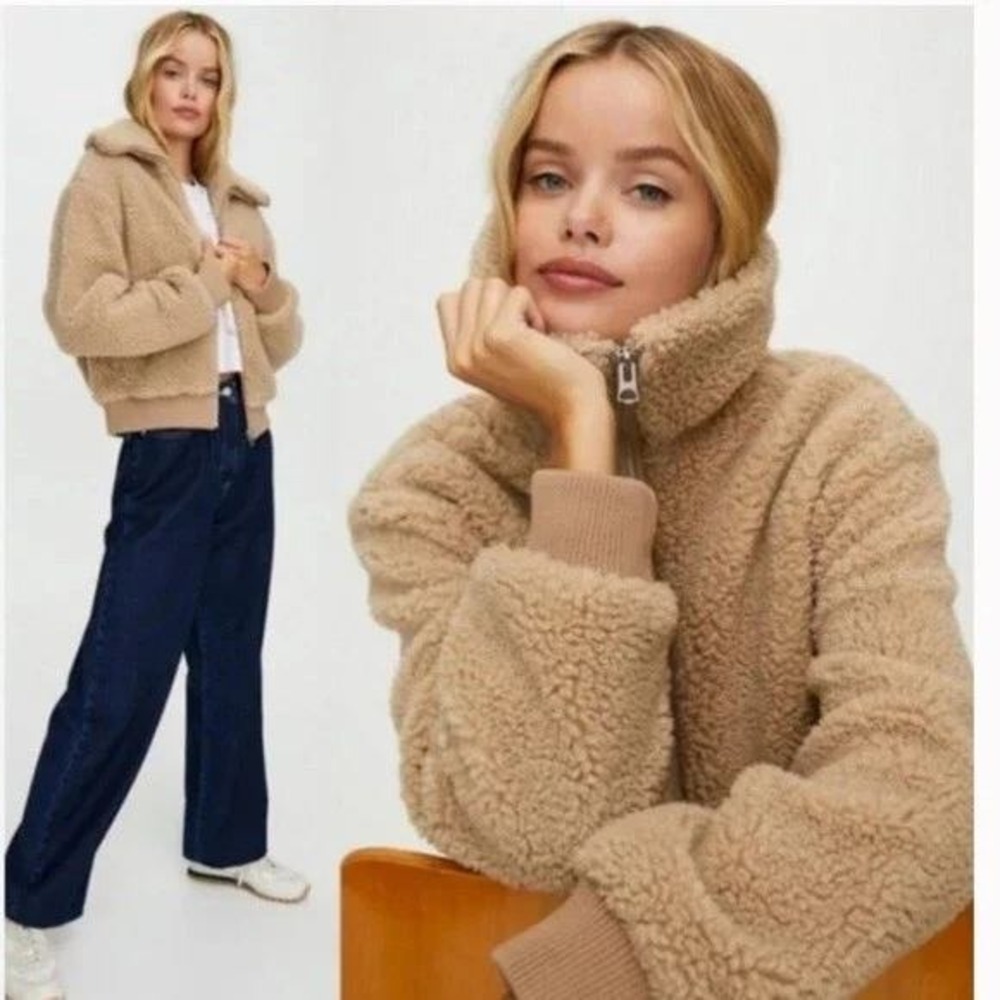 Wilfred Free Aritzia Teddy Fleece Bomber Jacket Tan Beige Zip Up VFF7-4273-48 S